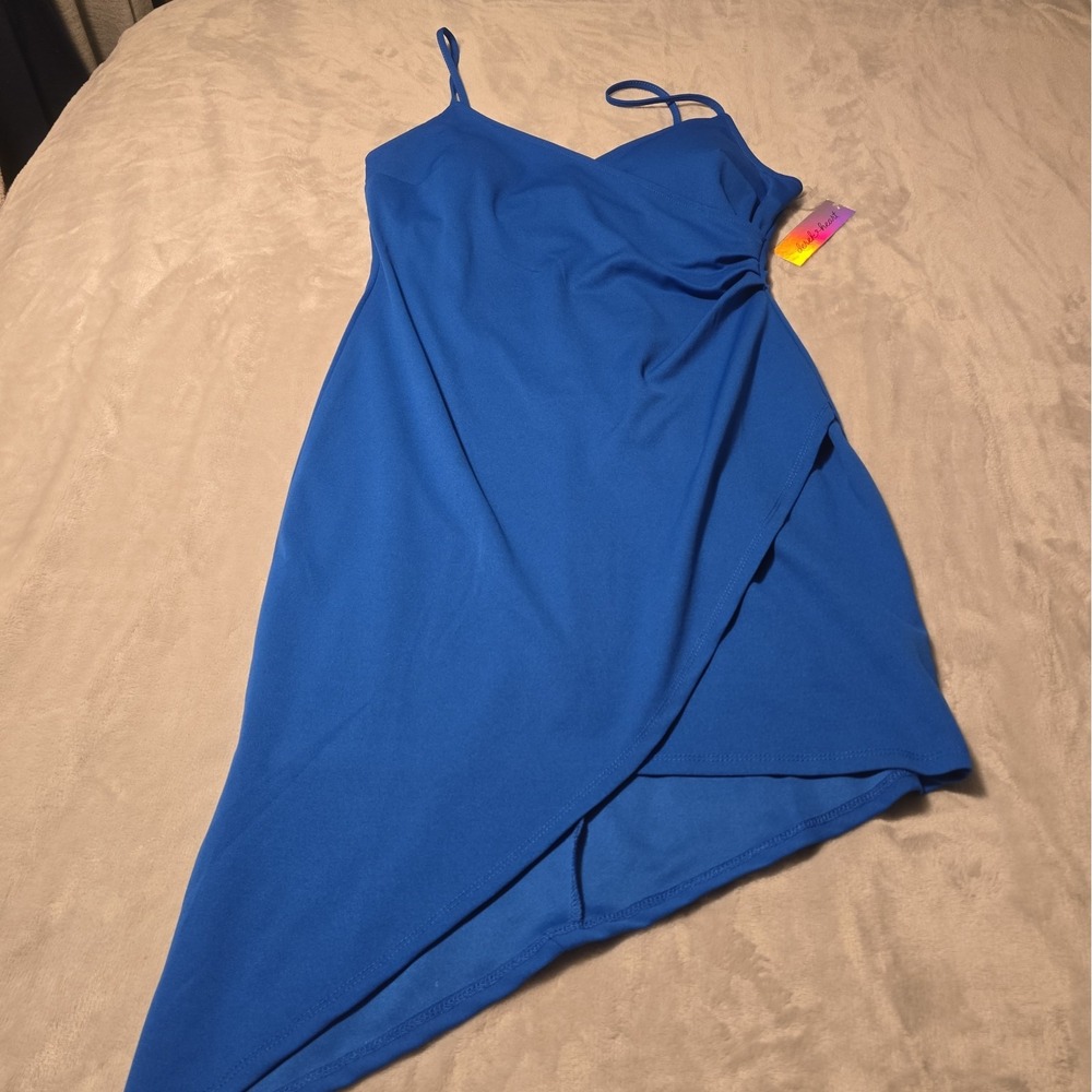 Womens Derek Heart Asymmetric Mini Wrap Dress Homecoming Stretch Fitted Blue Xl